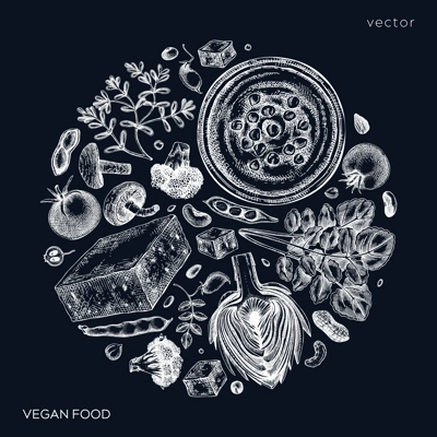 Vegan food sketched composition. Healthy food banner template. Middle eastern cuisine card. Hand-drawn vegan meals and ingredients for menu, recipe, and packaging design. Food sketches on chalkboard
